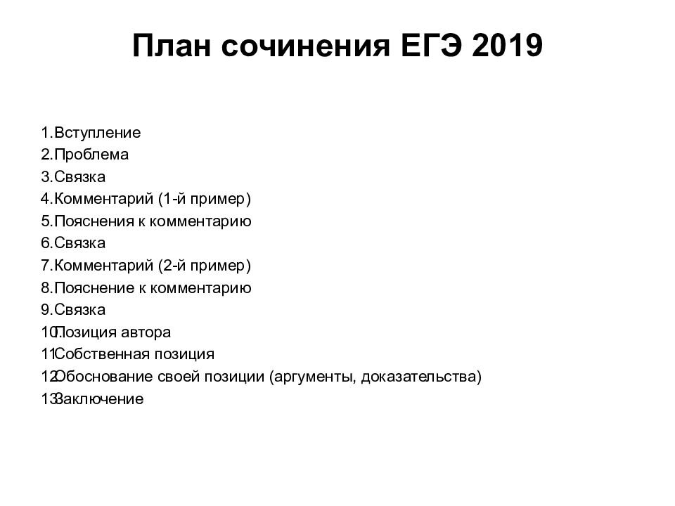 План сочинения на 2019 год.