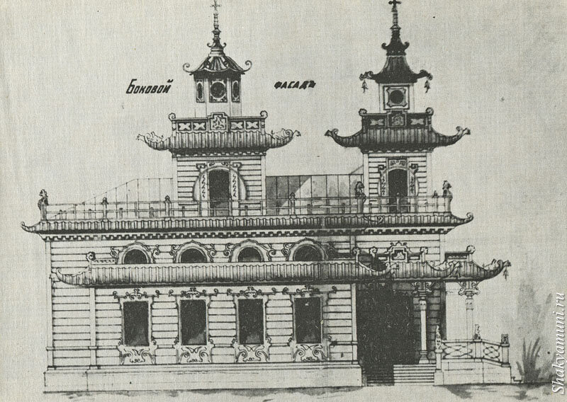 Боковой фасад. Храм в урочище Кецин Булук (разобран в 1935-1967 гг.), где, видимо, теперь и находится описываемая Голстунским "станция", теперь уже поселок Ики-Чонос. Здесь также размещался Центральный духовный совет буддистов Калмыцкой автономной области, а с 1922 года и буддийская академия Цаннид Чойра. Все закрыли в 1935 году.