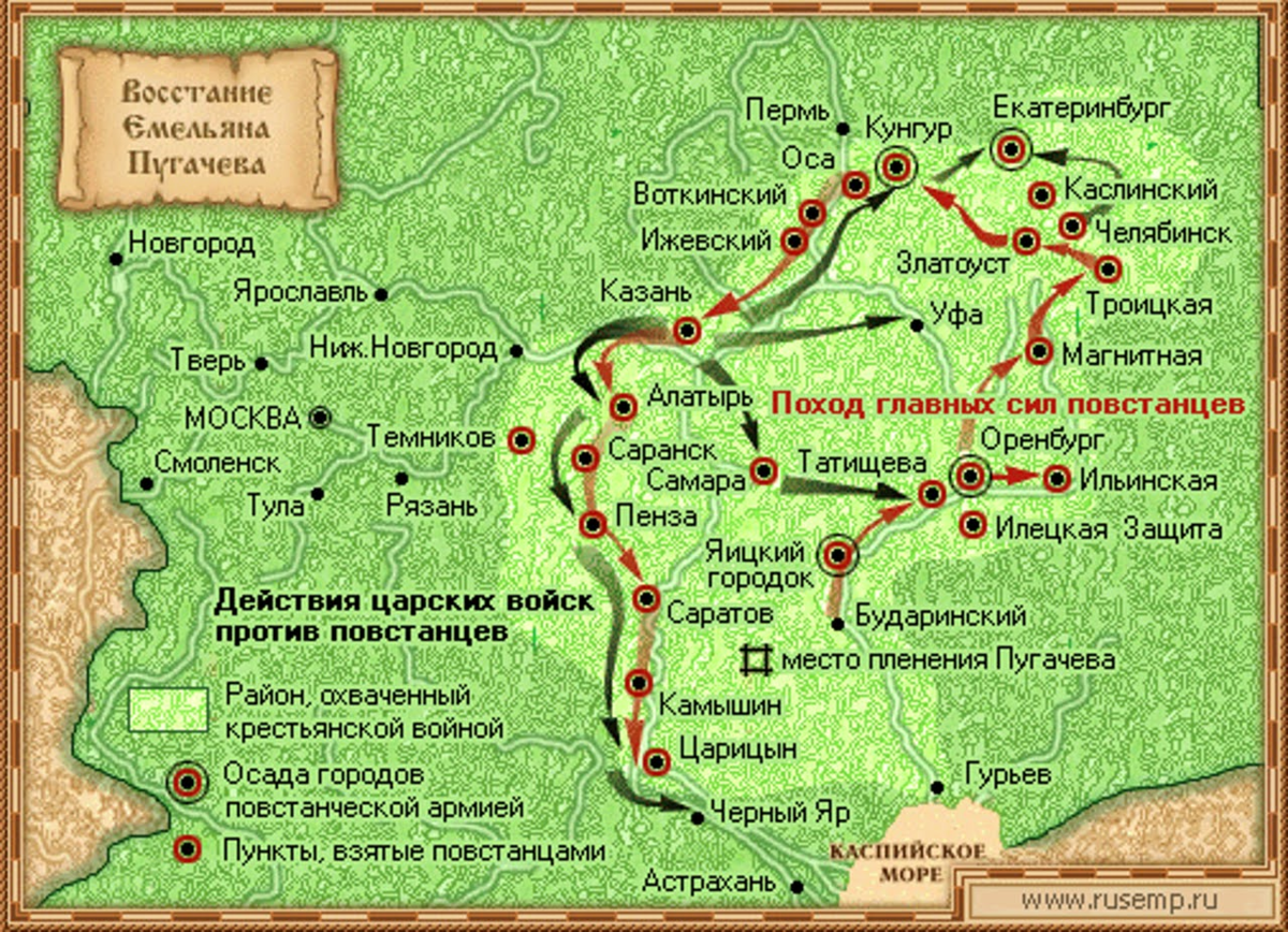 Восстание пугачева история россии 8 класс тест. Крестьянское восстание под предводительством Пугачева карта. Карта походов Емельяна Пугачева. Восстание Емельяна Пугачева карта.