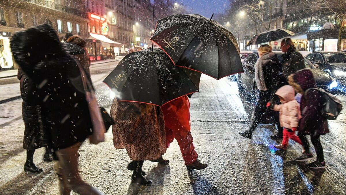   Прохожие на пешеходном переходе во время снегопада в Париже© РИА Новости / Жюльен Маттиа