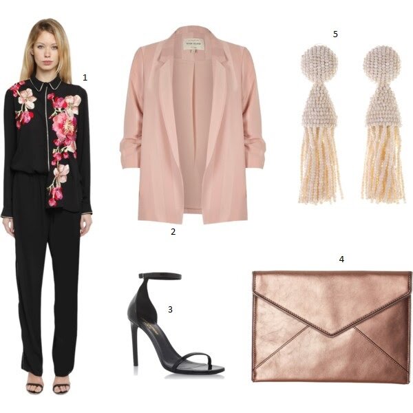 Костюм Izba Rouge, цена по запросу. 2. Жакет River Island, 6630 руб. 3. Босоножки Saint Laurent, 32 400 руб. 4. Клатч Rebecca Minkoff, 4500 руб. (с учетом скидки). 5. Серьги Oscar de la Renta, 20 785 руб. (Luisaviaroma.com, Zappos.com, Harrods.com)