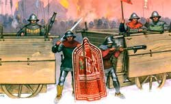 В Средние века своего рода "танком" стал тяжеловооруженный рыцарь в доспехах, которые защищали и его самого, и коня. Чтобы противостоять, пехота огораживалась рядами острых кольев, однако, чтобы их установить, требовалось время, поэтому чешский полководец Жижка предпочитал огораживаться специальными возами, сцепленными между собой. Воины Жижки (гуситы) ставили на свои возы пушки так, что кавалерия противника оказывалась бессильной. Мысль сделать такие сооружения подвижными пришла гениальному художнику, ученому и инженеру эпохи Возрождения Леонардо да Винчи. В своем письме к миланскому герцогу Сфорца он предлагал построить вооруженные артиллерией самоходные и совершенно неуязвимые для неприятеля боевые повозки, которые по его замыслу, должны были сокрушить любого неприятеля. Колеса приводились в движение людьми. Его соотечественник Гвидо да Вигелано уже предлагал для колесной машины использовать привод типа ветряной мельницы с зубчатой передачей на колесо.