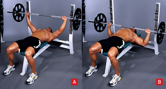 Классический вариант выполнения упражнения со свободным весом. Руки расставлены широко.