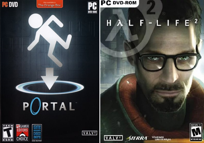 Обложки компьютерных игр Portal и Half-Life 2