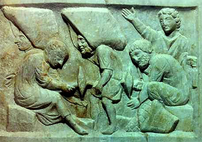 Мозаичисты заготавливают тессеры. Барельеф надгробной стелы из Остии, IV в. н. э.