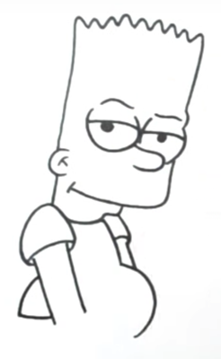 Теперь проведём две окружности глаз, разделим их пополам, отметим зрачки, покажем нос. От головы вниз проведём линию, от неё дугой покажем контуры живота, добавляем второе плечо и руки.
