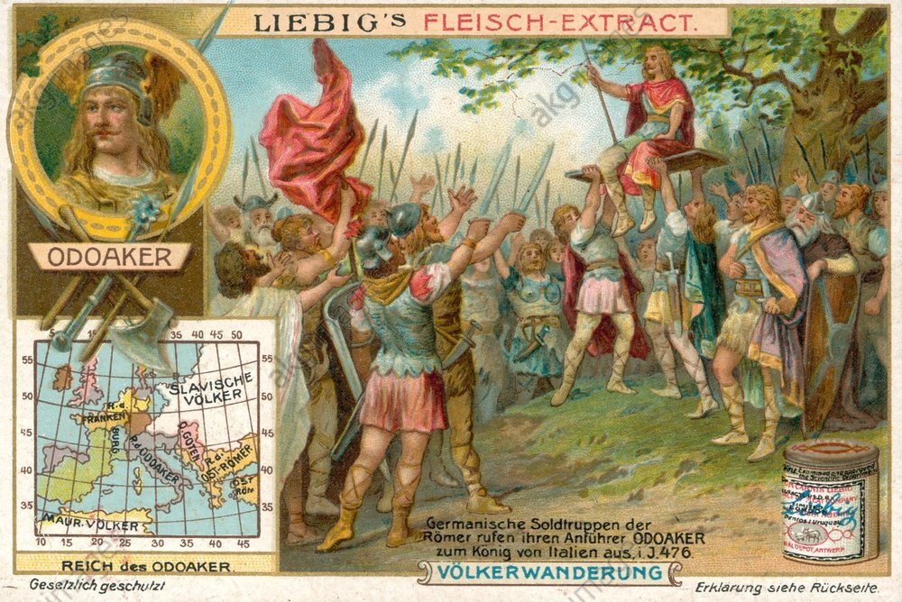 Солдаты провозглашают их лидера, Одоакра, королем Италии в 476 году. Цветная литография, 1900. Коллекционная карточка. Из серии: «Völkerwanderung». https://www.akg-images.de/ 