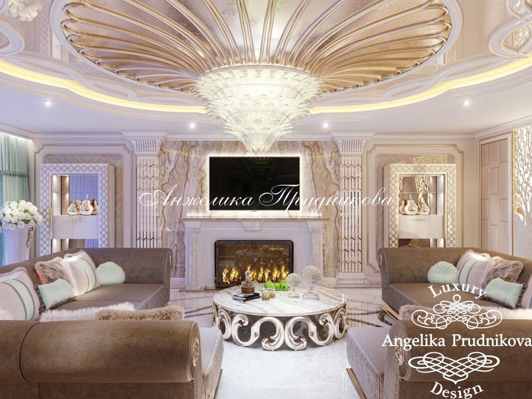 На фото: Золотистая розетка в форме цветка под люстру в светлой квартире. Проект квартиры в ЖК «Кутузовская ривьера» в Москве