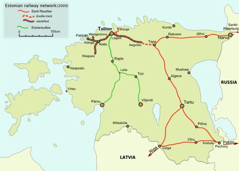 Карта эстонских железных дорог по состоянию на 2009 год