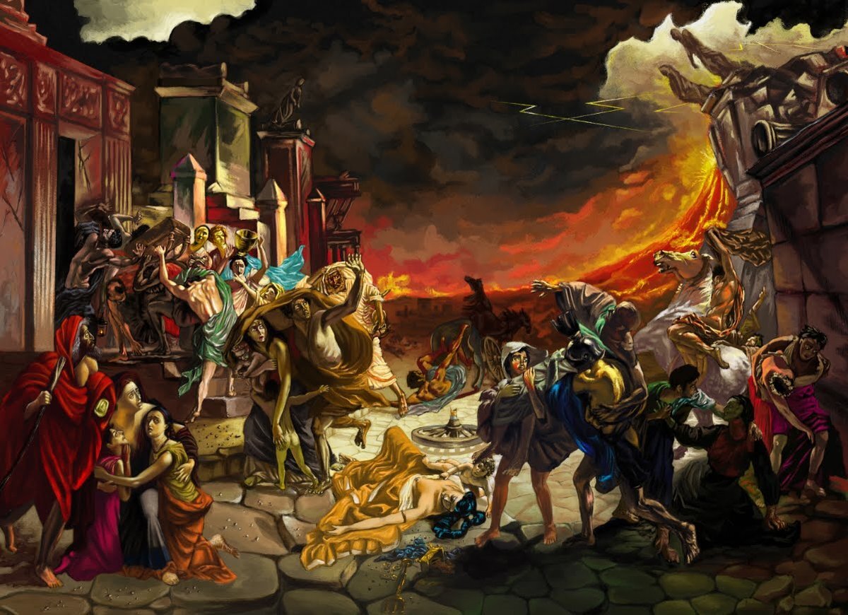 Википедия: Крупноформатная картина русского художника Карла Брюллова, работа над которой была завершена в 1833 году. Хранится в Государственном Русском музее в Санкт-Петербурге. Размер - 456.5 × 651 см. На картине изображены события в Помпеях во время катастрофического извержения Везувия, которое произошло в 79 году нашей эры.