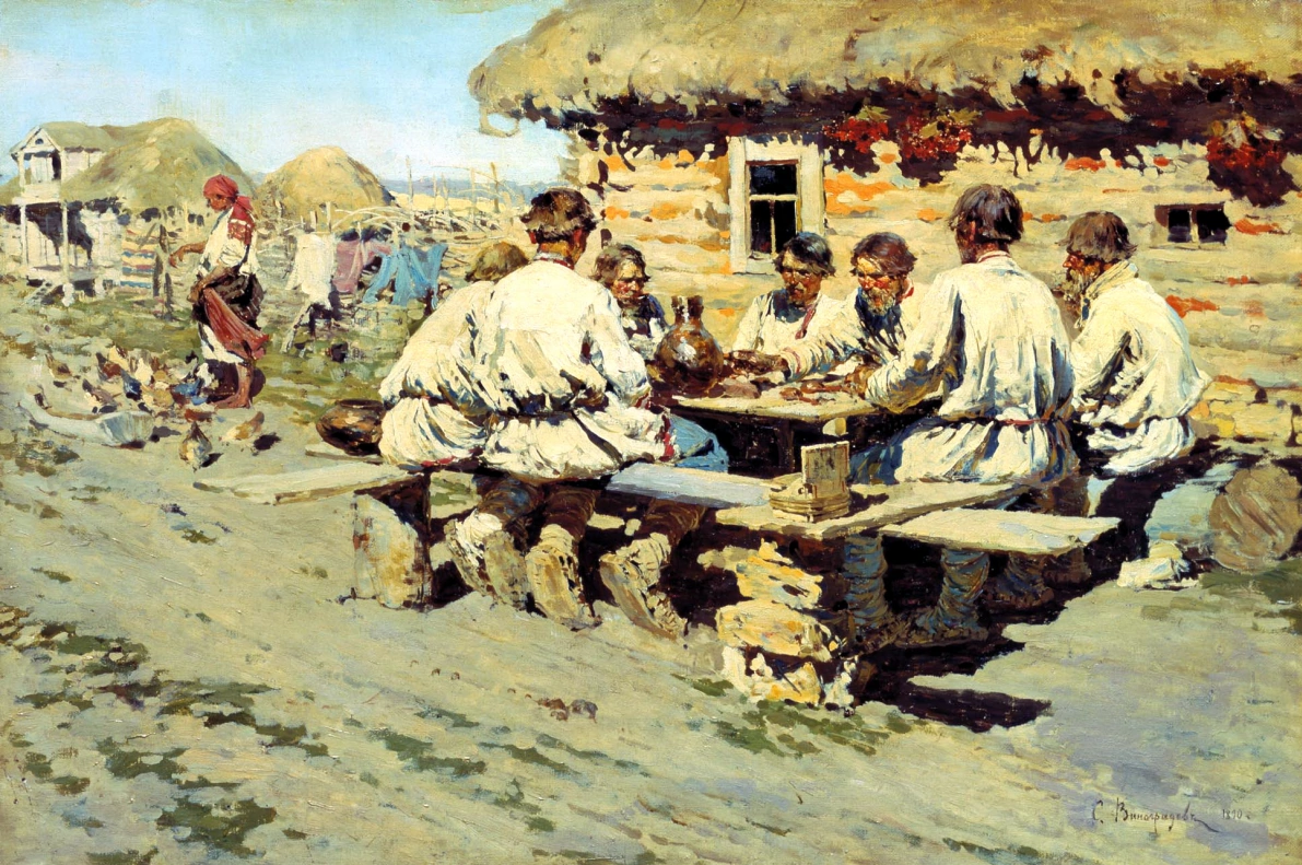 Обед работников. Худ. С. А. Виноградов, 1890 г.