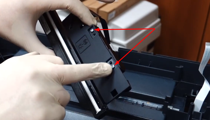 Фото 35. Красной стрелкой указана сканирующая линейка. Синей стрелкой указана лампа