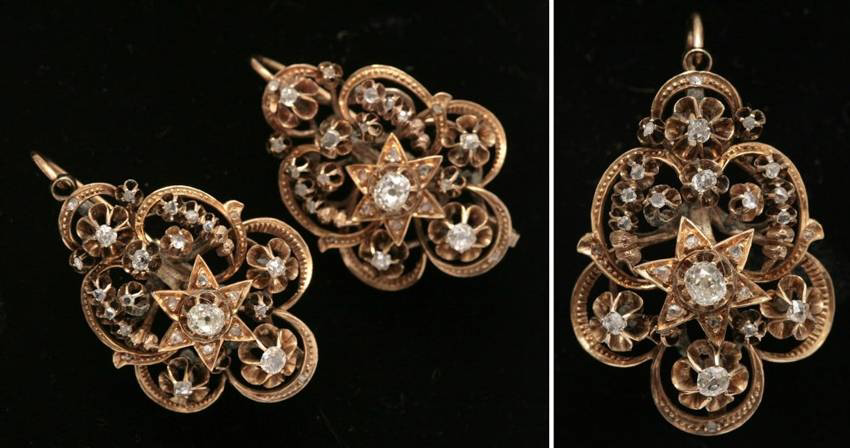 Золотые серьги с алмазами и бриллиантами старинной огранки 1871 года. Кольцо с изумрудом и бриллиантами. Классический дизайн. Золото. Экспертиза Московского Государственного Университета. Россия, 50гг. XX в.