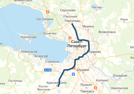 Планируемый маршрут новой городской электрички "Красное Село - Парголово"
