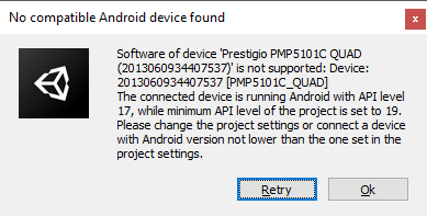 Unity: несовместимый Android API level