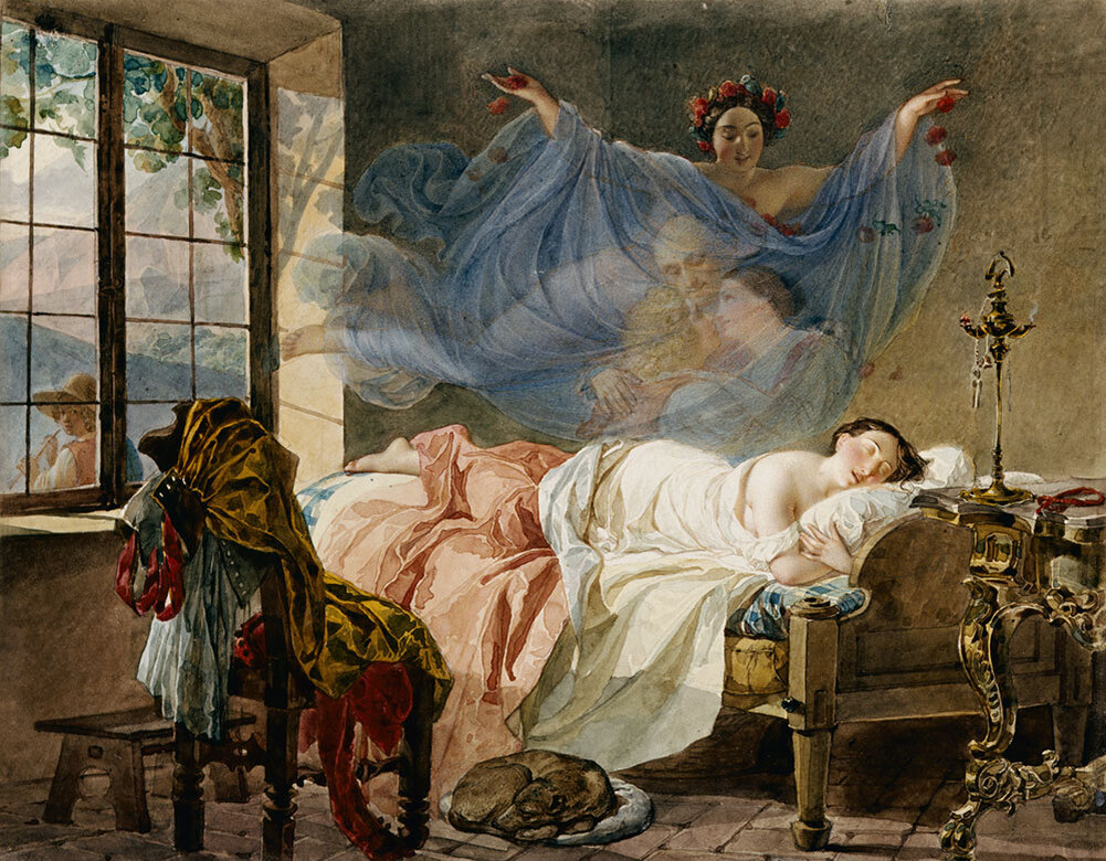 Карл Брюллов. Сон молодой девушки перед рассветом, между тем как за окном пастух трубит в рожок. 1830 – 1833 гг. Бумага, акварель. ГМИИ им. А.С. Пушкина