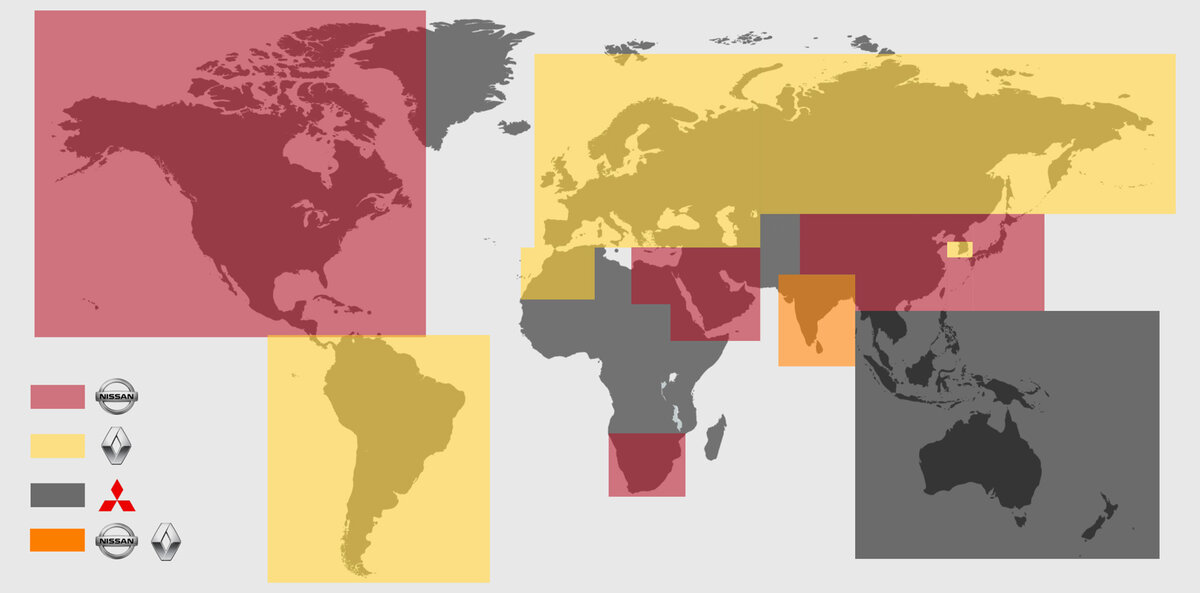 Визуализация на карте мира показывает один регион (оранжевый) со смешанным «лидерством» Renault и Ниссана. Это Индия. Nissan продаёт там Kicks и содержит Datsun, а реношники предлагают обновлённые Duster и Kwid, новый Triber, а также Kaptur по имени Captur.