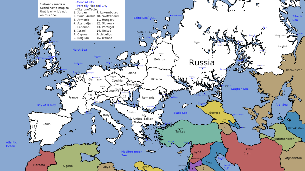 Европа и Европейская часть России после подъема уровня моря на 100 метров. Источник: https://i.redd.it/i1lqyq68wgb41.png