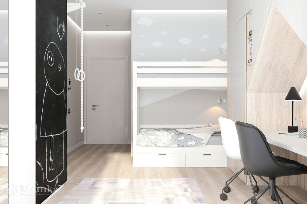 Двухъярусная кровать в детской для разнополых