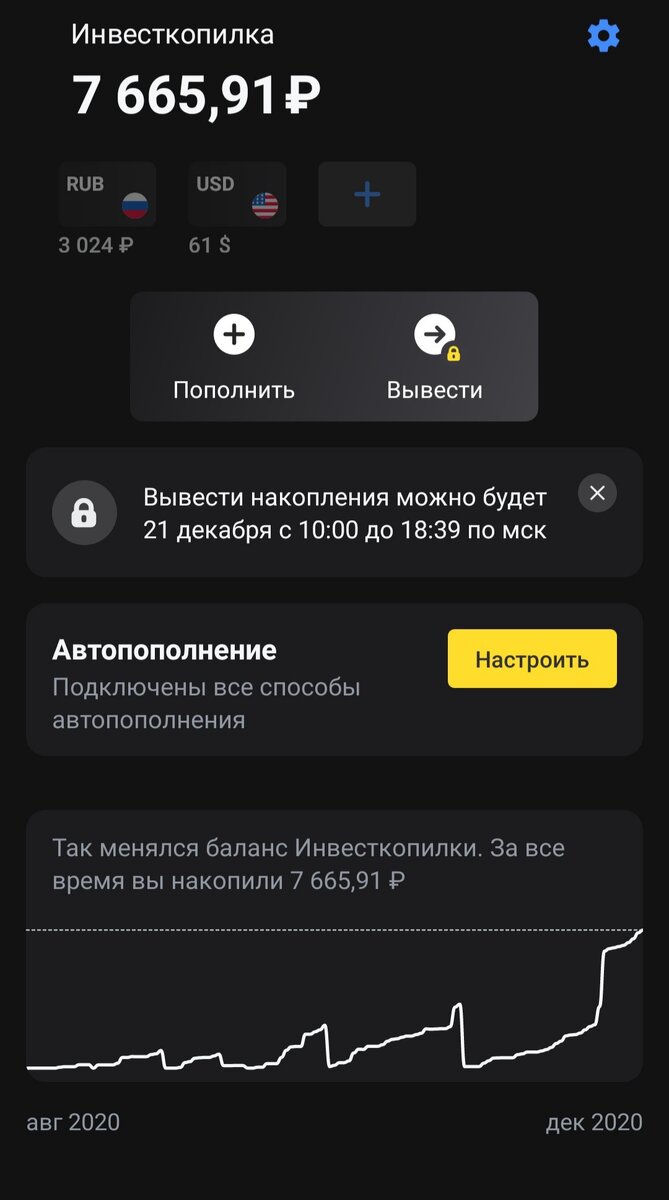 Глаявный экран инвесткопилки. Здесь же виден график накопления