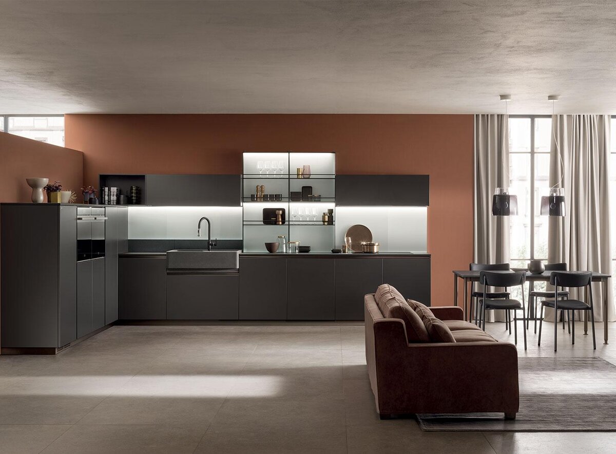 Минимализм. Открытое пространство. Матовая поверхность фасадов, дымчатое стекло