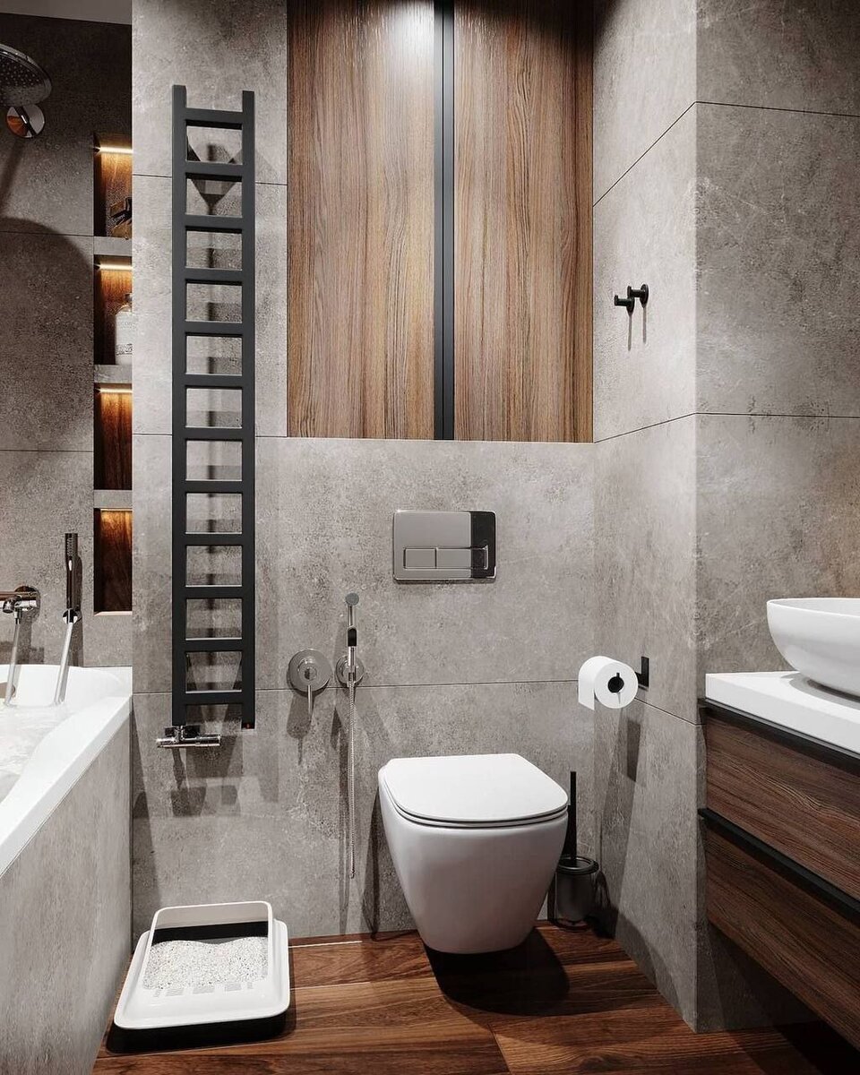 Идея дизайна красивой ванной комнаты, интерьер ванны со встроенными шкафами