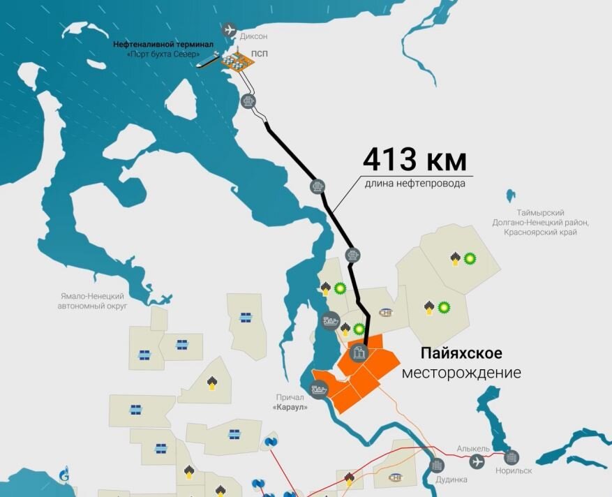 Карта расположения порта и нефтянного месторождения.