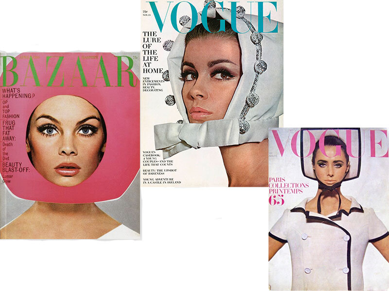 Обложки журналов с шляпками Андре Куррежа. Слева направо: Harpers Bazaar 1965, photo by Richard Avedon; Vogue November 1964, photo by Irving Penn; Vogue Paris, March 1965