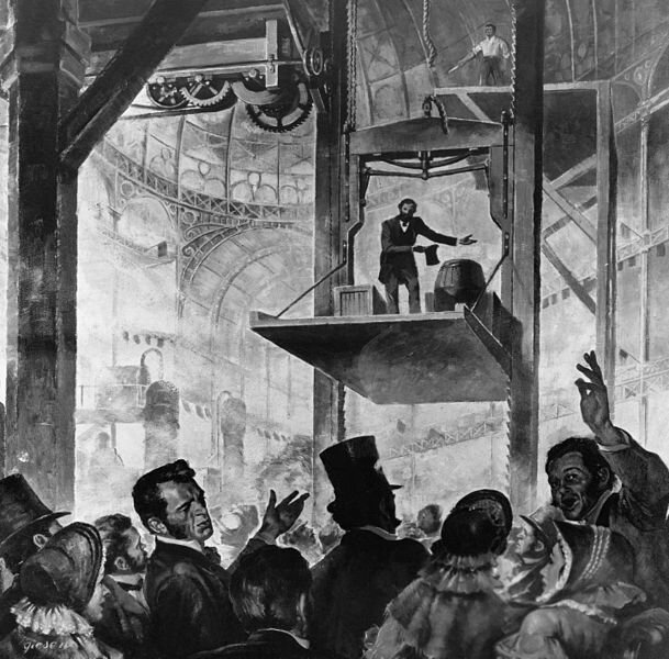 Элиша Отис демонстрирует безопасность своего изобретения. Нью-Йорк, 1854 (commons.wikimedia.org, PD-US)