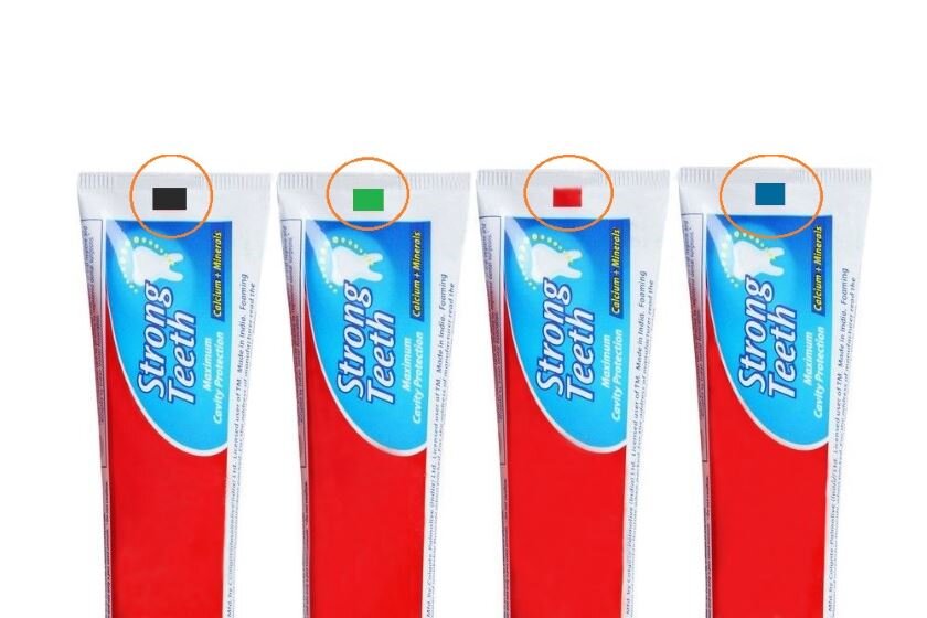 Разноцветные метки на зубных пастах.