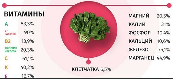 Содержание полезных веществ в шпинате, на 100 грамм продукта, в процентах от суточной нормы
