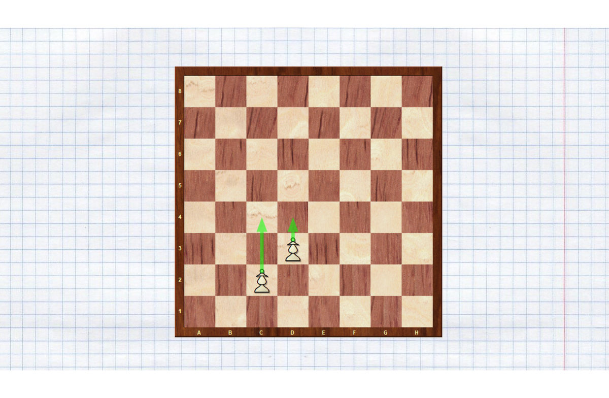 Пешка, которая еще ни разу не ходила, может сделать большой шаг через клетку, а дальше только по одной клетке. 