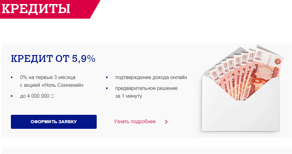 Потребительский кредит в размере от 50 тысяч до 4 миллионов рублей в данном банке можно получить по ставке от 5,9% до 19,9% годовых