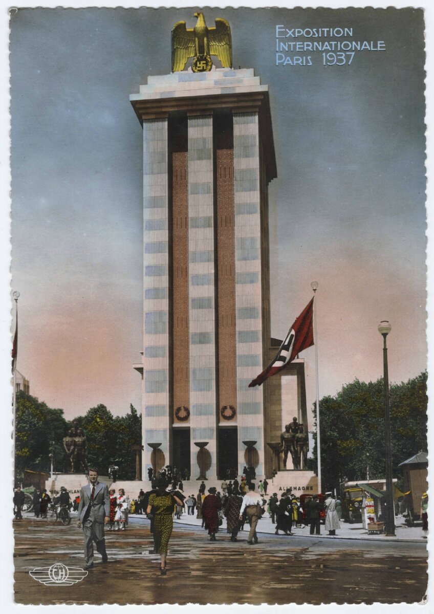рабочий и колхозница в париже 1937. выставка в париже 1937 немецкий павильон. павильон германии на всемирной выставке в париже 1937 года. советский павильон в париже 1937. всемирная выставка в париже 1937 павильон германии.
