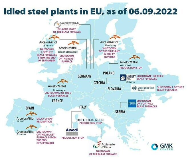 Частично и полностью закрывшиеся сталелитейные заводы в ЕС
