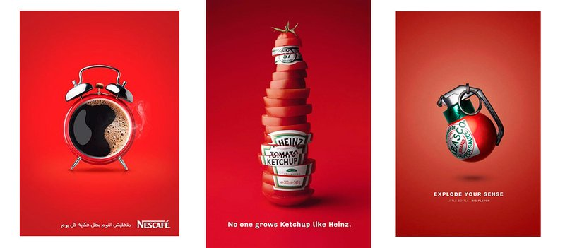На иллюстрации показаны визуальные метафоры в рекламе. Метафоры озвучены респондентами на ZMET исследовании: Nescafe — «Кофе — это мой будильник!», Heinz — «Он как свежие сочные помидоры!», Tabasco — «Это бомба!»