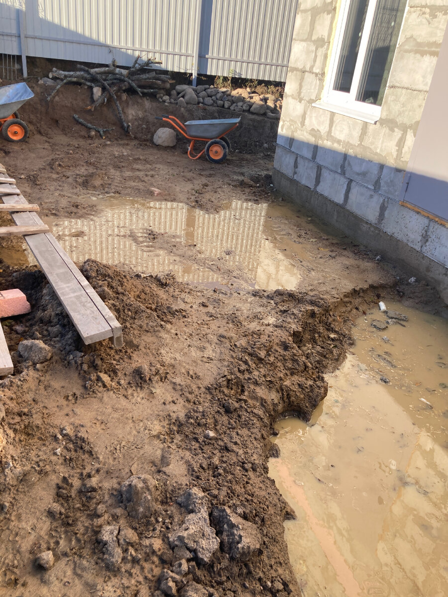 Чуть ближе, чем стоит строительная тачка, я планировала расположить дренажный колодец 🤦🏼‍♀️ (фото мое)