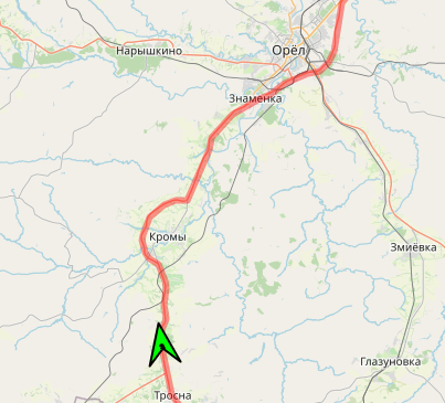 Зеленая стрелка навигатора показывает место расположения пункта контроля в Орловской области, со стороны г. Курск