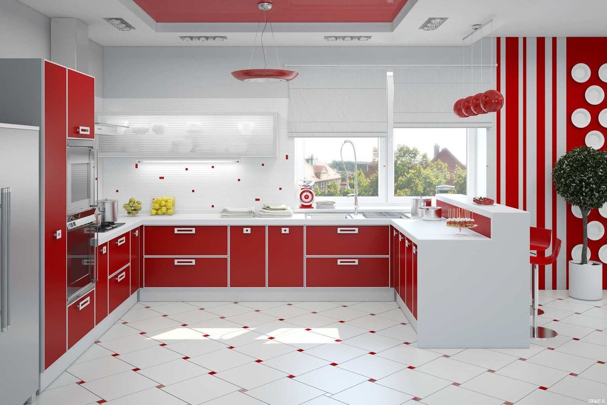 Кухни красного цвета и красно-черные кухни в интерьере, фото