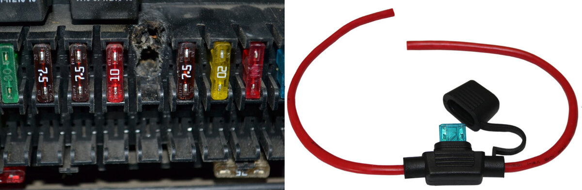 Сгоревшее гнездо и выносной разъём предохранителя.