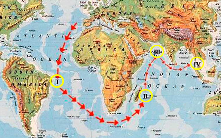 Маршрут ПЛ группы «Монсун» на Дальний Восток: I – 1-я дозаправка от «дойной коровы» U-462; II – 2-я дозаправка от секретного танкера; III – Атакующие операции; IV – Маршрут на Пенанг. Фото из сети
