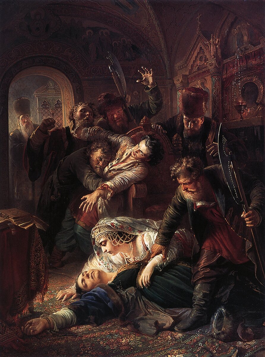 К.Е. Маковский. Агенты Дмитрия Самозванца убивают сына Бориса Годунова. 1862. ГТГ