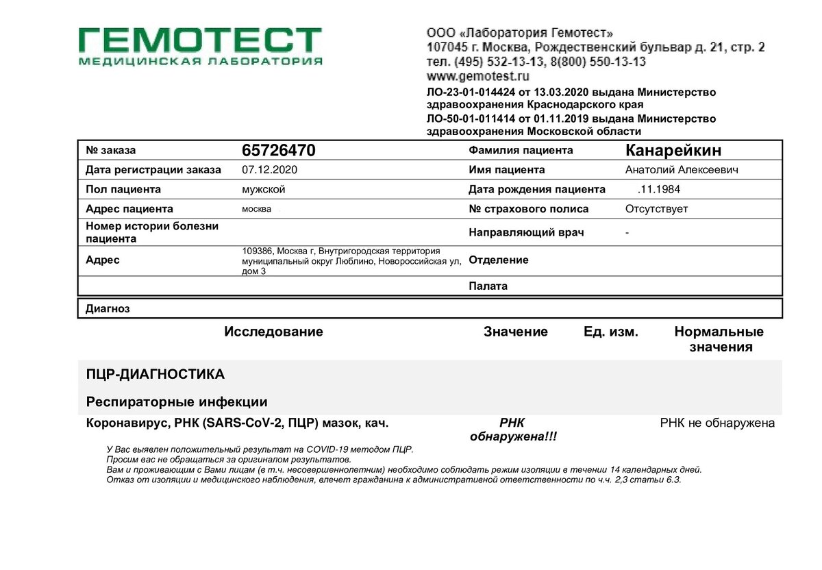 Результат теста на коронавирусную инфекцию