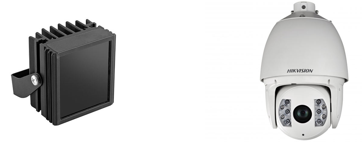 Слева - специализированный ИК-прожектор. Справа - PTZ-камера с мощными инфракрасными светодиодами. Они всегда светят туда, куда смотрит и камера.