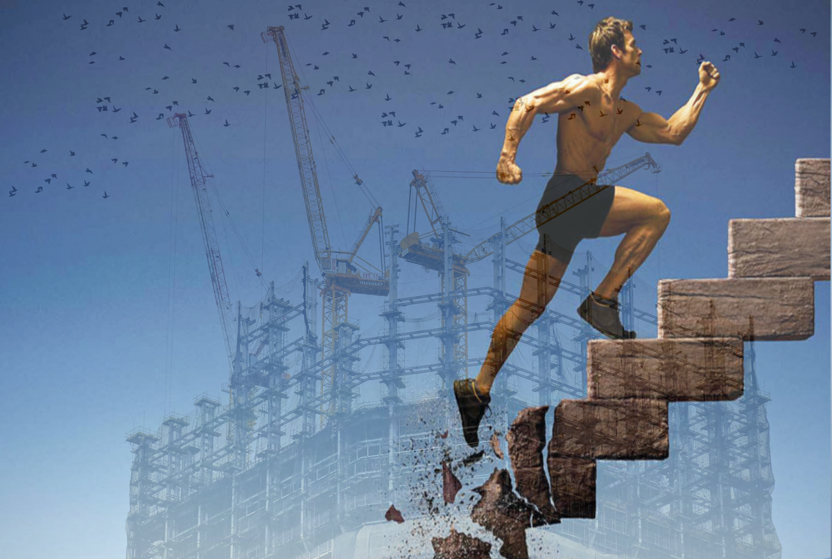 Достижение не так уж тесно. Мотивация на успех. Человек прыгает со скалы. Достижение не так уж тесно. Что важно в жизни.