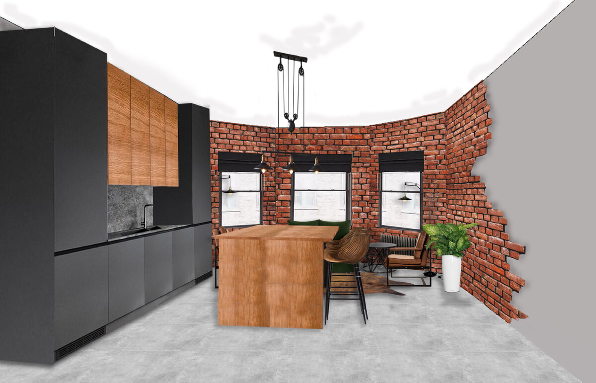 3D коллаж - кухня гостиная для холостяка