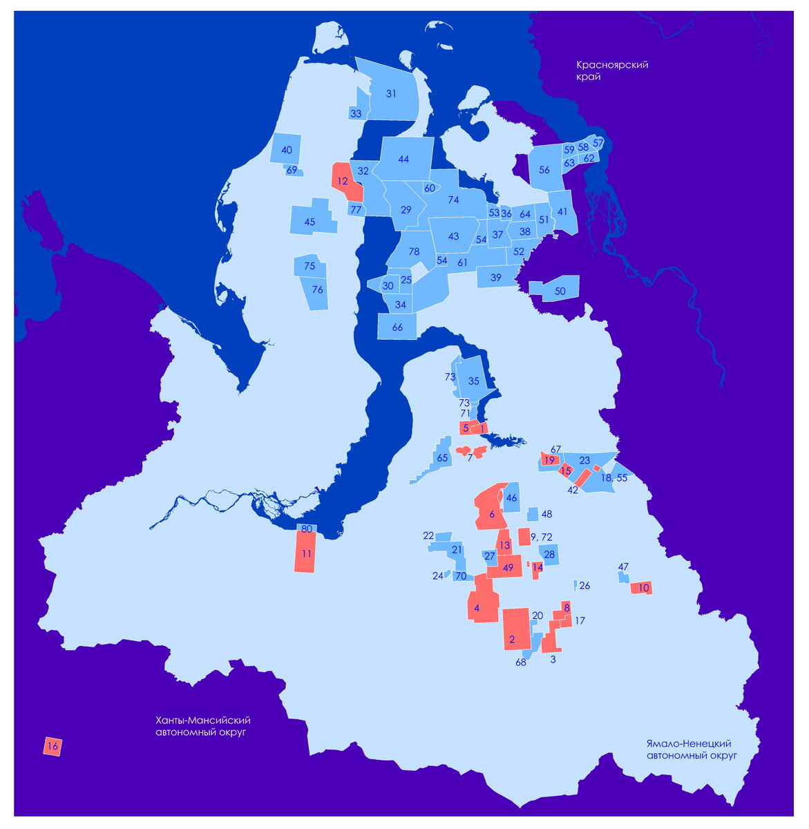 Красным цветом выделены районы добычи, синим - перспективные месторождения