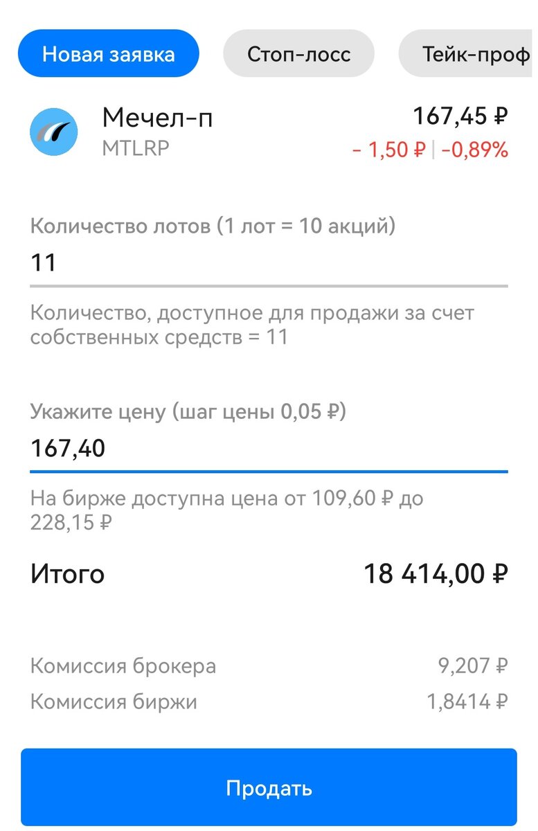 Заявка на продажу позиции по префам Мечела.