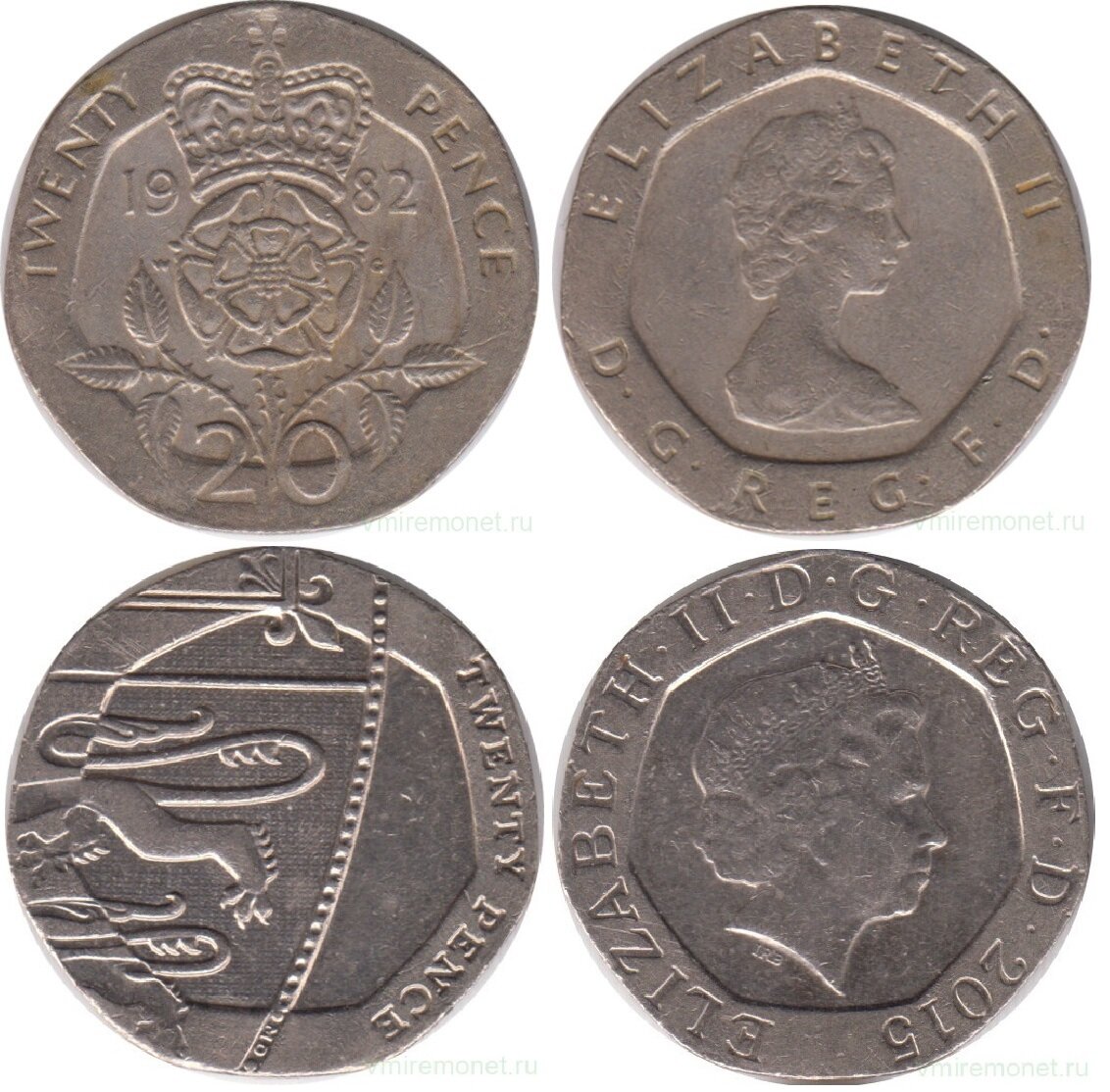 20 пенсов 1982 г. и 20 пенсов 2015 г. Великобритания, вес 5 г, диаметр 21.4 мм, толщина 1.7 мм, гурт гладкий.