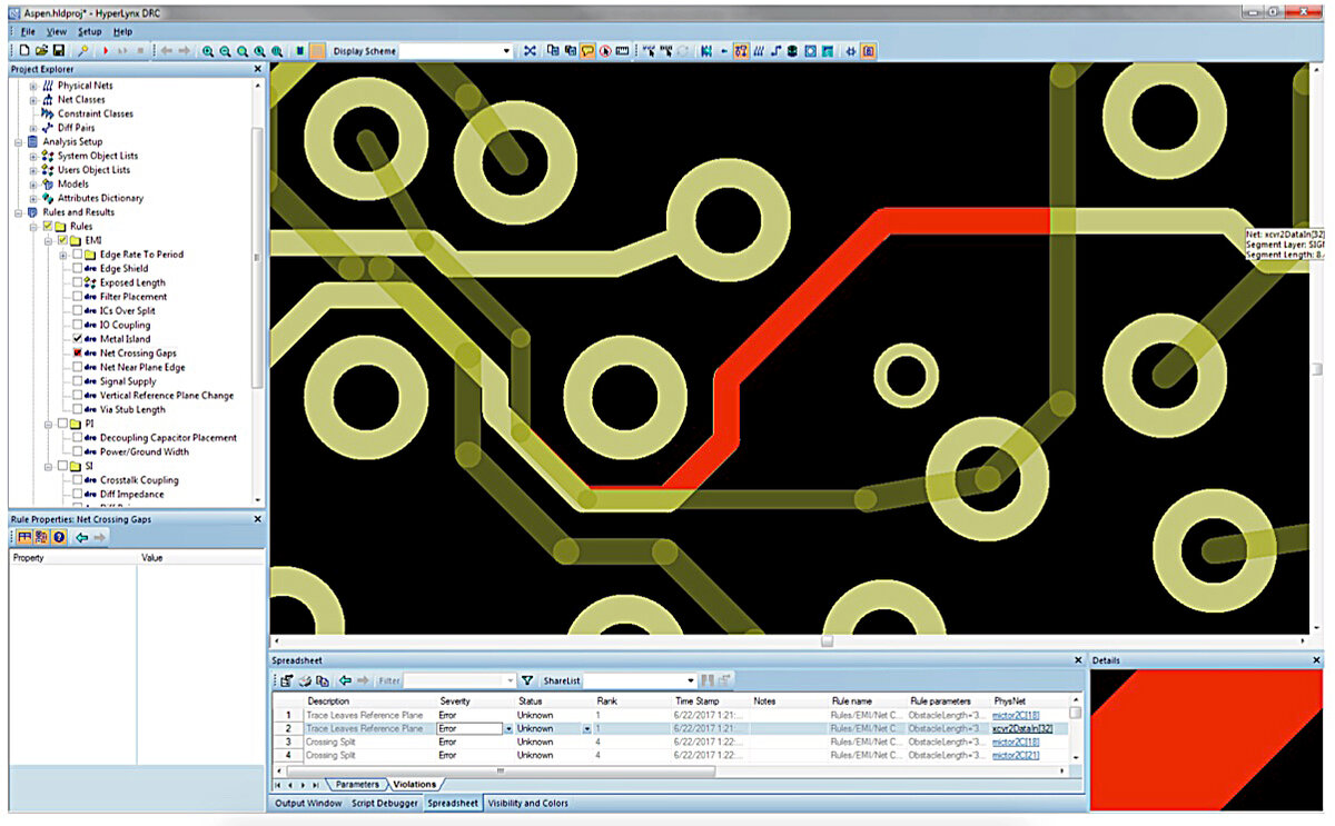 HyperLynx DRC позволяет выполнить электрическую проверку правил проектирования на проблемы электромагнитной совместимости/электромагнитных помех (EMI/ EMC), а также целостности сигналов и питания. Автоматическая фильтрация цепей скрывает ложные нарушения.